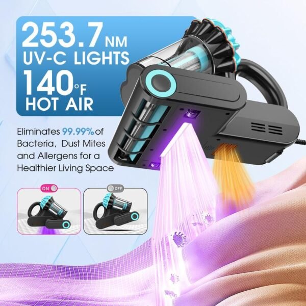 Belife M8 Mattress Vacuum Cleaner, Anti-allergen Dust Mite Bed Vacuum Cleaner with UV & Hot Air & High Heating, 550W 18Kpa Powerful Suction Double-Cup Handheld Vacuum for Bed, Couch, Sofa, Corded - Image 3